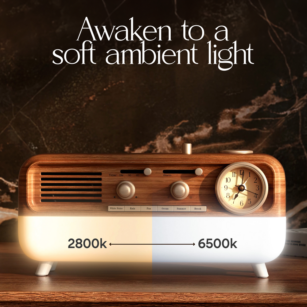 retro style sound machine with analog clock and ambient lighting settings