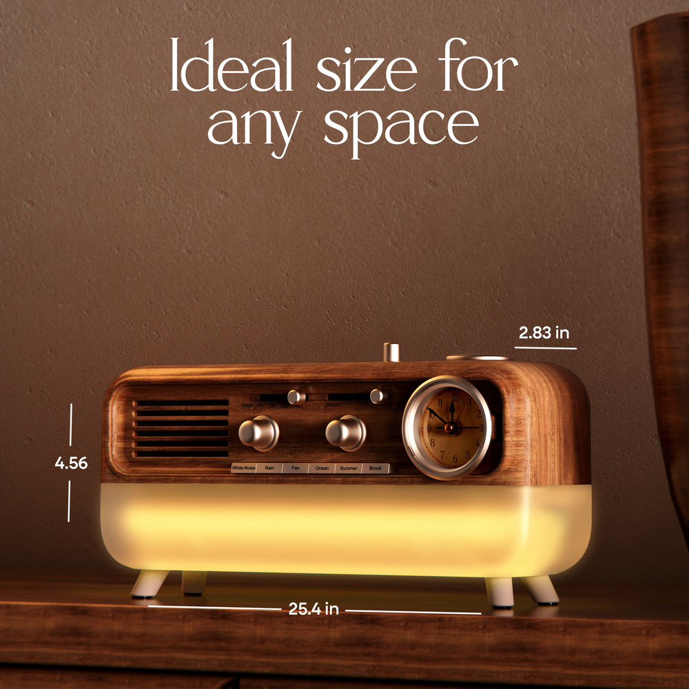 wood grain sound machine with analog clock, ambient lighting, and bluetooth connectivity 