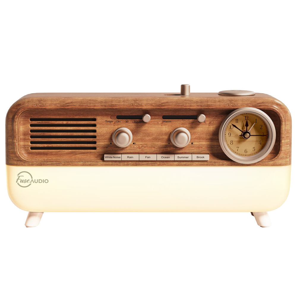 wood grain retro style sound machine with analog clock, ambient lighting, and bluetooth connectivity 